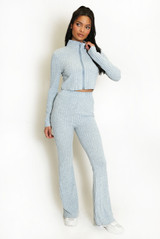 Zip Front Rib Top And Flare Trouser Set