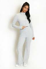 Zip Front Rib Top And Flare Trouser Set