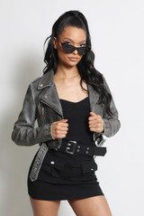 Faded Faux Leather Cropped Belted Biker Jacket