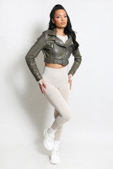 Faded Faux Leather Cropped Belted Biker Jacket