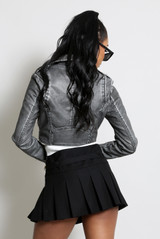 Faded Faux Leather Cropped Belted Biker Jacket