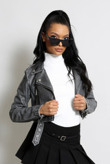 Faded Faux Leather Cropped Belted Biker Jacket