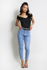 Blue Belted Ripped Mom Jeans