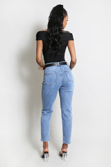 Blue Belted Ripped Mom Jeans