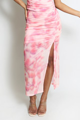 Tie Dye Mesh Ruched Front Slit Maxi Skirt