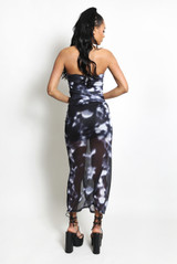 Tie Dye Mesh Ruched Front Slit Maxi Skirt