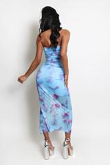 Tie Dye Mesh Ruched Front Slit Maxi Skirt