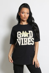 Sequin Good Vibes Slogan Round Neck T-Shirt