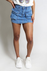 Blue Denim Cargo Pocketed Mini Skirt