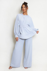 Round Neck Belted Blouse And Wide Leg Trouser Co-Ords