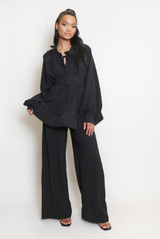 Round Neck Belted Blouse And Wide Leg Trouser Co-Ords