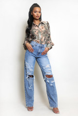 Floral Print Chiffon Blouse With Cuff