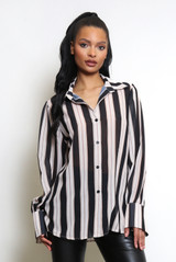 Striped Print Chiffon Blouse With Cuff