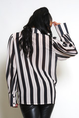 Striped Print Chiffon Blouse With Cuff