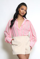 Striped Print Chiffon Blouse With Cuff