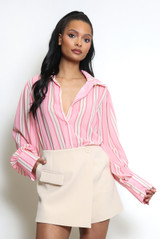 Striped Print Chiffon Blouse With Cuff