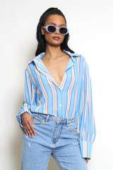 Striped Print Chiffon Blouse With Cuff