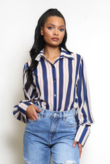 Striped Print Chiffon Blouse With Cuff