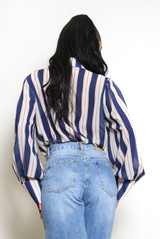 Striped Print Chiffon Blouse With Cuff