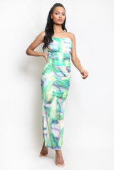 Ruched Tie Dye Bandeau And Maxi Skirt Co-Ords