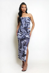 Ruched Tie Dye Side Slit Maxi Skirt