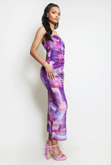 Ruched Tie Dye Side Slit Maxi Skirt