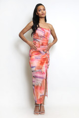 Ruched Tie Dye Side Slit Maxi Skirt