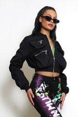 Ruched Cargo Pocketed Bomber Jacket