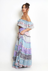 Boho Print Ruffle Crop Bardot Top And Maxi Skirt Set