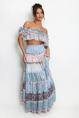 Boho Print Ruffle Crop Bardot Top And Maxi Skirt Set