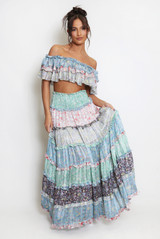 Boho Print Ruffle Crop Bardot Top And Maxi Skirt Set