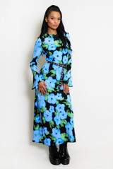  Floral Print Flute Sleeve Maxi Dress
