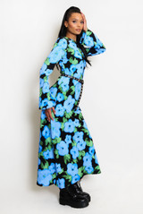  Floral Print Flute Sleeve Maxi Dress