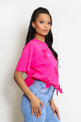 Satin Bow Trim Round Neck T-Shirt