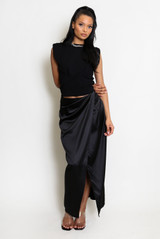 Pleated Satin Wrap Up Midi Skirt