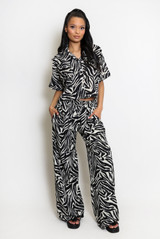 Animal Print Cropped Blouse And Wide Leg Trouser Set