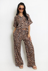 Animal Print Cropped Blouse And Wide Leg Trouser Set