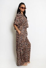 Animal Print Cropped Blouse And Wide Leg Trouser Set