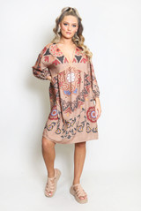 Printed V Neck Kaftan Smock Dress