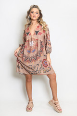 Printed V Neck Kaftan Smock Dress