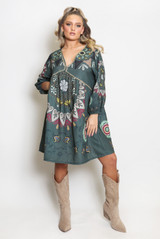 Printed V Neck Kaftan Smock Dress