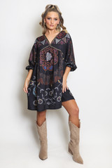 Printed V Neck Kaftan Smock Dress