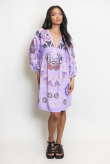 Printed V Neck Kaftan Smock Dress