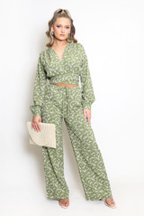 Printed Tie Front Crop Top And Wide Leg Trouser Set