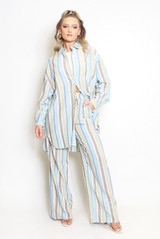 Stripe Print Longline Blouse And Wide Leg Trouser Set