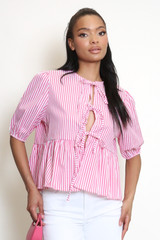 Striped Print Tie Front Blouse