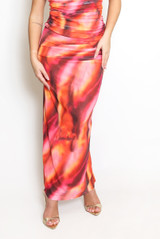 Tie Dye Print Side Ruched Maxi Skirt