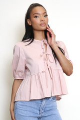 Plain Tie Front Smock Blouse