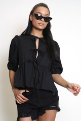 Plain Tie Front Smock Blouse