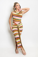 Stripe Print Cowl Neck Top And Maxi Skirt Set